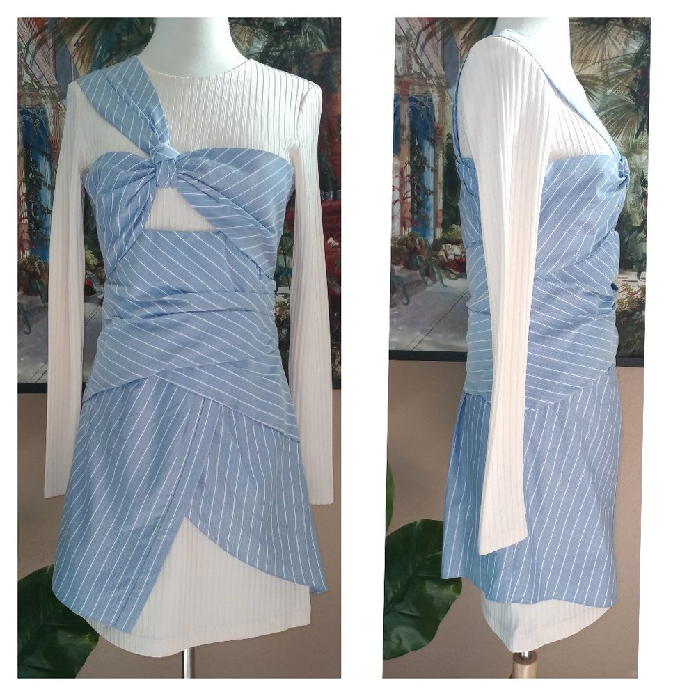 Thakoon Cream Ribbed Long-Sleeve Dress with Blue Pinstripe Wrap - Picture 2 of 6